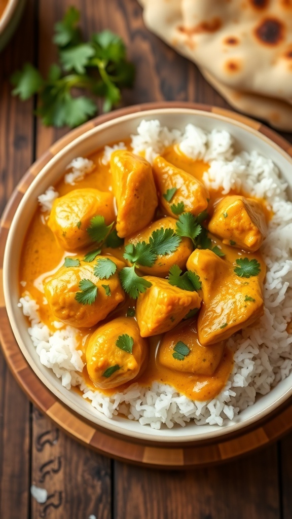 A bowl of quick chicken curry with rice and naan, garnished with cilantro.